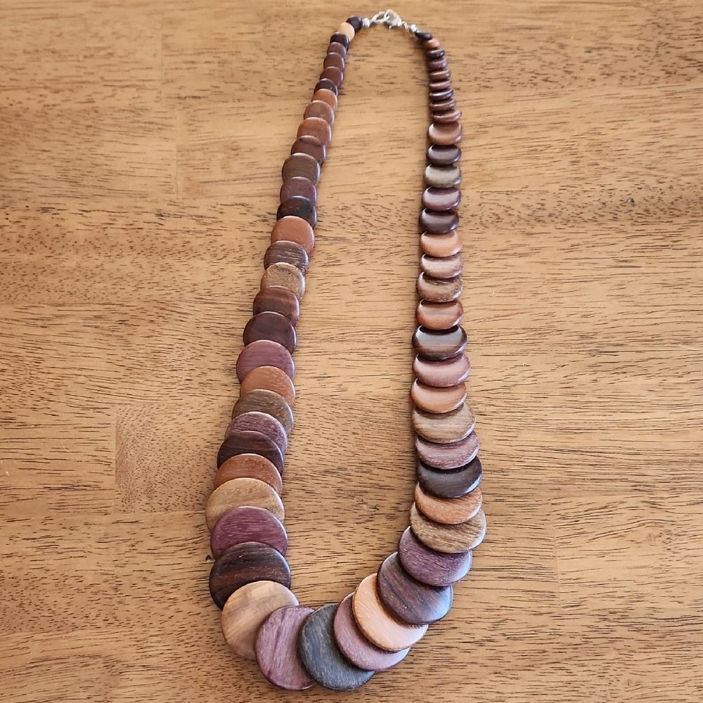 Brown and Tan Earthy Wooden Disc Beaded Statement Necklace